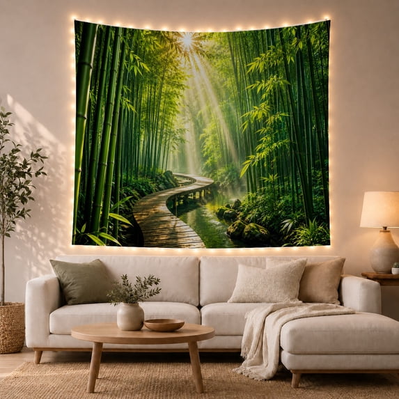 Bamboo Forest Winding with Wooden Boardwalk Curves Clear, Mystical Fantasy for Space Lovers, Galaxy Room Decor, Mother'S Day Gift, Tapestry Wall Hanging for Bedroom and Dorm