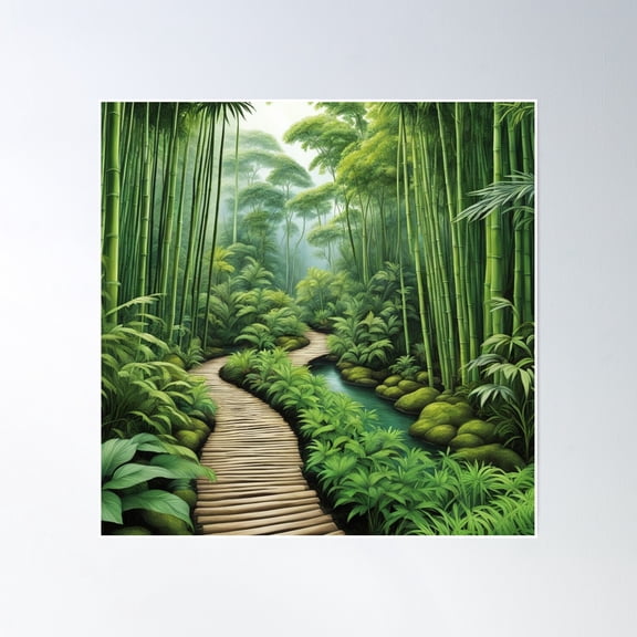 Bamboo Forest Wooden Path Lush Forest,Nature, Poster Wall Art, Modern Wall Decor, 16x16 UNFRAMED