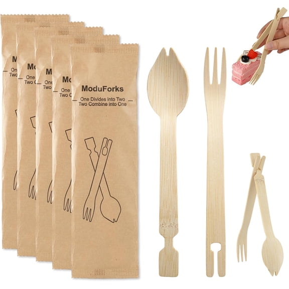 Bamboo Forks Set, 30 Sets Disposable Cutlery (30 Biodegradable Forks, 30 Compostable Spoons), Detachable 3 in 1 Bamboo Spoons and Forks, Multi-functional Chopstick Tongs