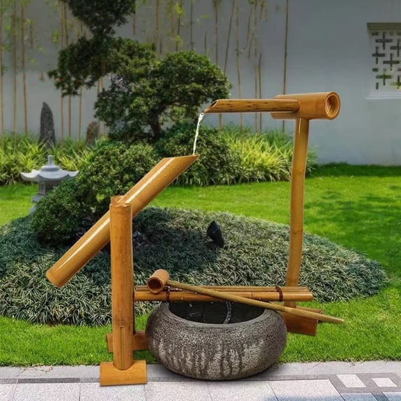 Bamboo Fountain Decoration, Zen Garden Water Fountain Bamboo Water Feature Rocking Pump Water Landscape, Handmade, with Pump Japanese Garden Decoration