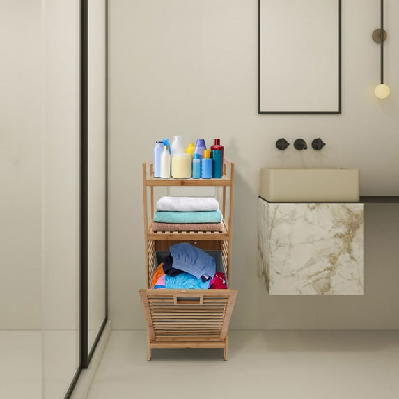Bamboo Frame Non-Woven Fabric 40x30x95cm Tipping Bucket Dirty Laundry Basket Double Storage Rack Storage Basket