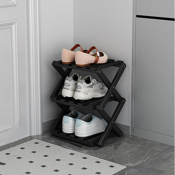 Bamboo Free Standing Shoe Rack for Entryway - Foldable Shoe Organizer Rack - White-3-tier