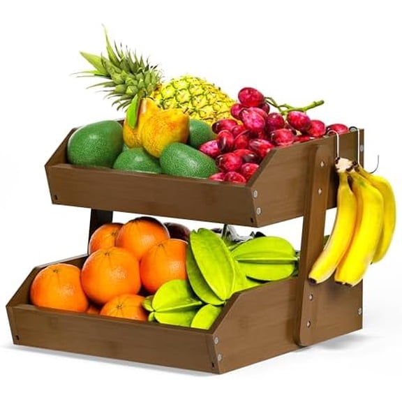 Bamboo Fruit Basket for Kitchen – 2 Tier Fruit Bowl For Kitchen Counter, Large Fruit Holder With 2 Banana Hangers, Idea For Fruit and Vegetable Storage, Bread Basket, Snack Organizer(WALNUT)