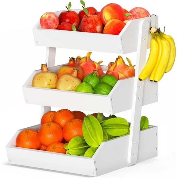 Bamboo Fruit Basket for Kitchen - 2 Tier Fruit Bowl, Large Holder With Banana Hangers, Idea For Vegetable Storage, Bread Display, Snack Organizer (White)