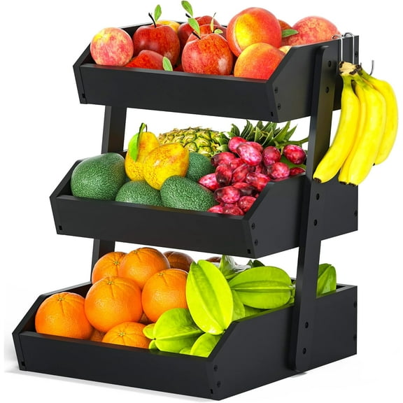 Bamboo Fruit Basket for Kitchen  3 Tier Fruit Bowl For Kitchen Counter, Large Fruit Holder With 2 Banana Hangers, Idea For Fruit and Vegetable Storage, Bread Basket, Snack Organizer(BLACK)