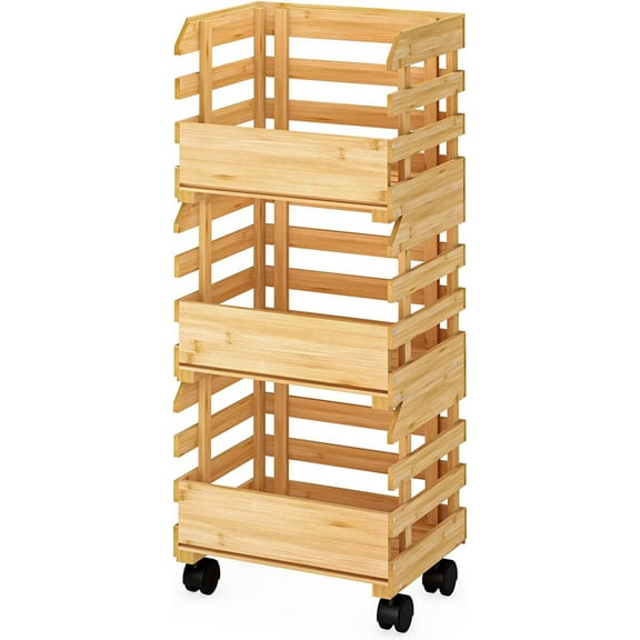 Bamboo Fruit Basket Stand, Potato and Onion Storage Cart, 3-Tier Fruit Basket with wheels, Vegetable Storage for Kitchen Floor (Self-assembly)