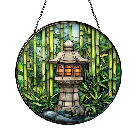Bamboo Garden Stone Lantern Stained Glass Style Suncatcher Window Hanging, Nature Landscape Window Decor Ornament, Forest Decorative Glass Art Panel, Elegant Garden Window Accent