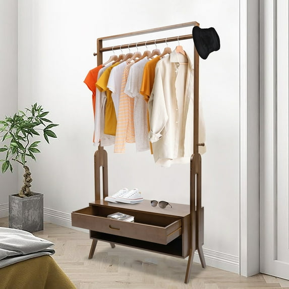 Bamboo Garment Rack Freestanding Closet Rack with Drawer &Hooks, Freestanding Closet Organizer Clothing Rack, Coat Rack Wardrobe Closet for Bedroom, Living Room