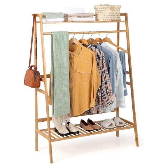 Bamboo Garment Rack, Heavy Duty Clothes Rack w/Top Shelf, Hanging Rod, Shoe Storage Shelf, Side , Freestanding Coat Rack, Clothing Storage Organizer for Bedroom Living Room