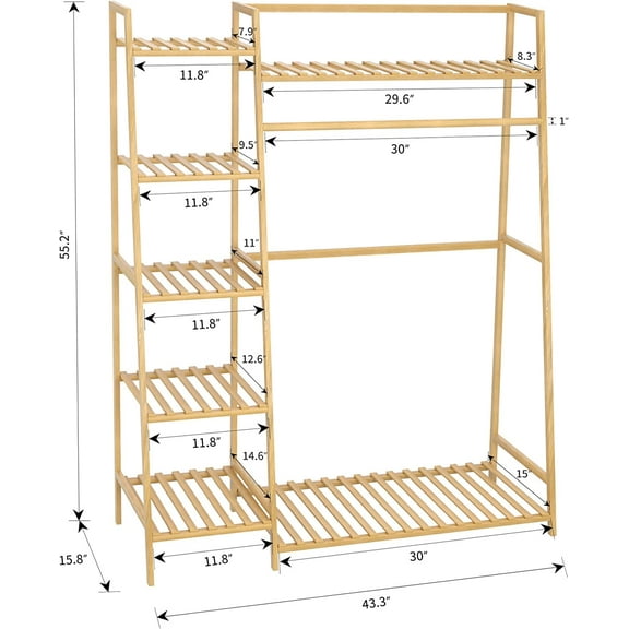 Bamboo Garment Rack with Shoe Storage, Multi-Tiered Closet Organizer for Hall, Living Room, Bedroom