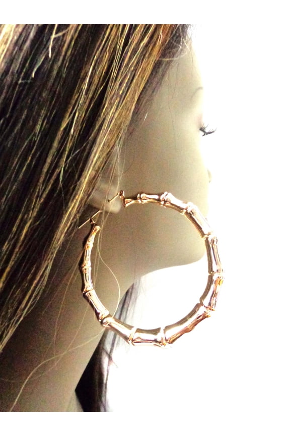Bamboo Gold Hoop Earrings Round Plated 2.75 inch Hoops
