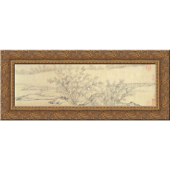 Bamboo Groves in Mist and Rain (detail) 24x10 Gold Ornate Wood Framed Canvas Art by Guan Daosheng