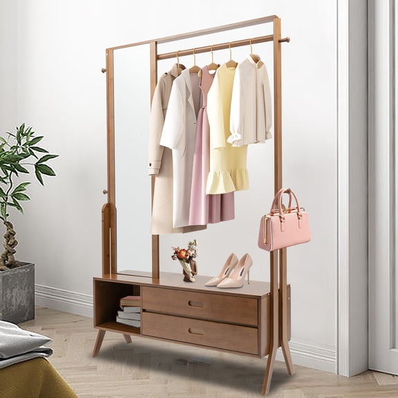 Bamboo Hall Tree with Shoe Storage, Entryway Coat Rack with Full Length Mirror, 2 Drawers & Hooks, Space Saving Organizer for Closet Living Room, Brown