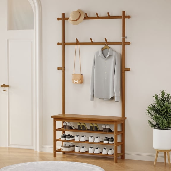 Bamboo Hall Tree with Bench and Shoe Storage, Entryway Coat Rack with 13 Hooks, Freestanding 6-in-1 Organizer for Mudroom Bedroom, Walnut