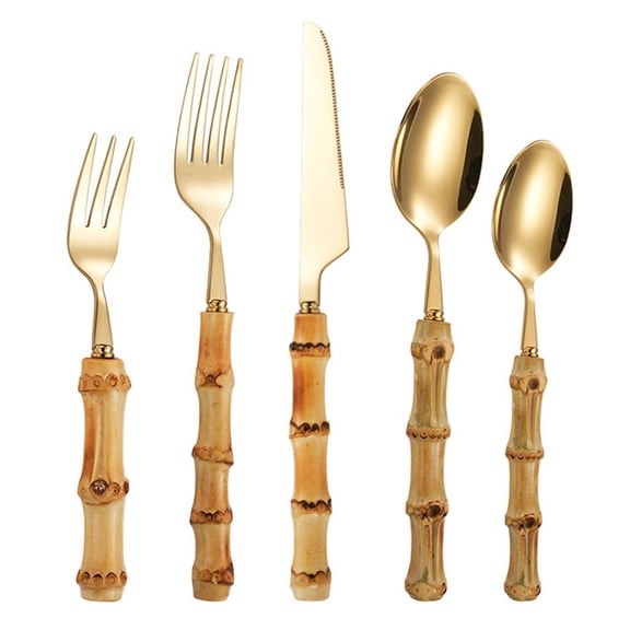 Bamboo Handle Kitchen Stainless Steel Silverware Tableware Flatware Cutlery Knives Forks Spoons Set