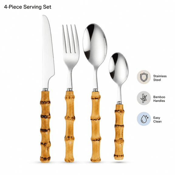 Bamboo Handle Silverware Set, 4Pcs Flatware Set, Stainless Steel Cutlery Eating Utensils Include Forks Spoons and Knives for Daily Use and Party