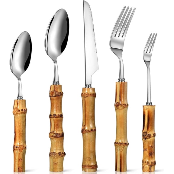 Bamboo Handle Silverware Set Stainless Steel Cutlery Eating Utensils Include Forks Spoons and Knives for Daily Use and Party Reusable and Modern Design