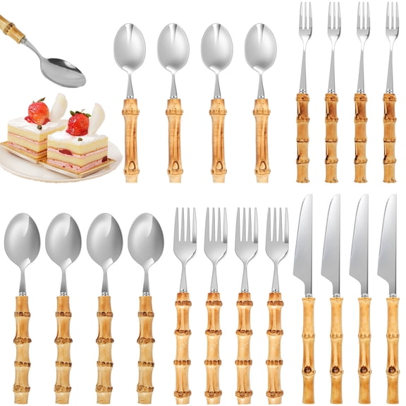 Bamboo Handle Silverware Set Stainless Steel Flatware Cutlery Service for 4 (asshown )