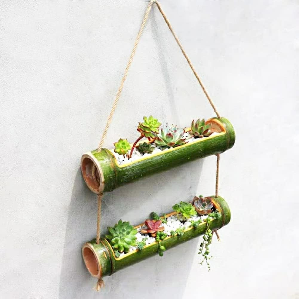 Bamboo Hanging Succulent Planter Hanging Planters for Indoor Plants, 2 Tier Hanging Pot Wall Planters for Indoor Plants, Hanging Plant Holder for Succulent Air Plant Herb (Green)