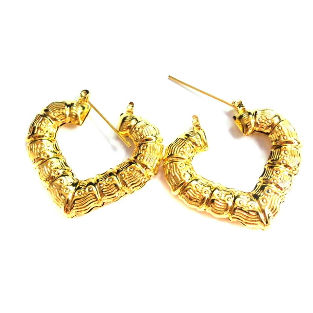 Bamboo Heart Earrings Gold Tone Heart 1.25 inch Hoops Small