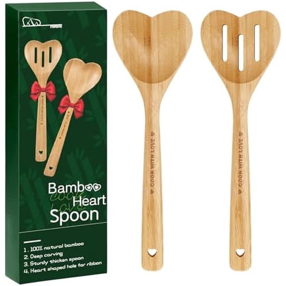 Bamboo Heart Shaped Spoon for Cooking - Wooden Cook with Love Spoon, Christmas Kitchen Utensils Gifts for Grandma Mom Couple Wife Hostesses House Warming, 2Pcs