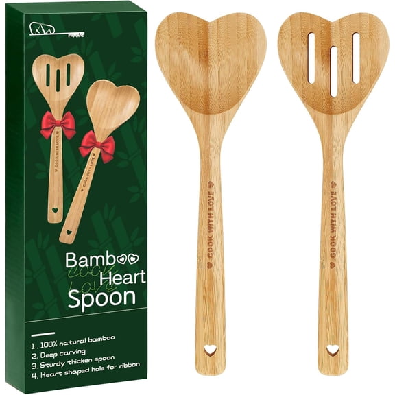 Bamboo Heart Shaped Spoon for Cooking - Wooden Cook with Love Spoon Kitchen Utensils, Valentines Mother's Day Gifts for Grandma Mom Couple Wife Hostesses House Warming, 2Pcs