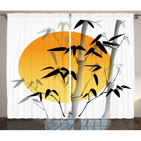 Ambesonne Asian Themed Curtains 2 Panel Set, Retro Sun Leafy Tree, 108" x 90", Orange White Black