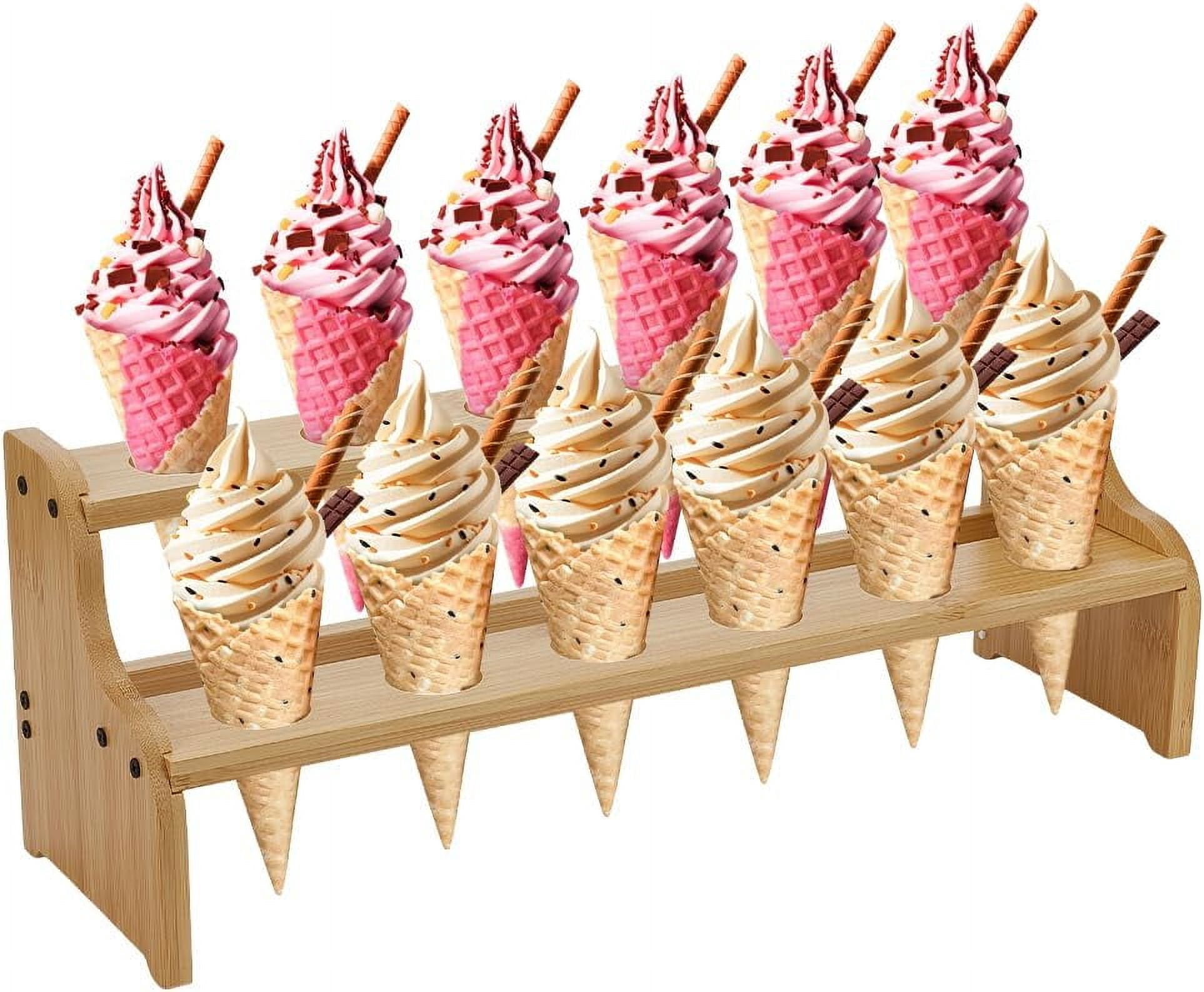 Bamboo Ice Cream Display Stand 2-Tier Ice Cream Cone Holder with 12 ...