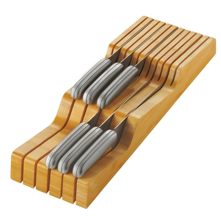 In-Drawer Knife Block, Bamboo Knife Drawer Organizer, Fits 5 Long + 6 Short Knives, Blades Point Down, 17" x 5.3" x 2"