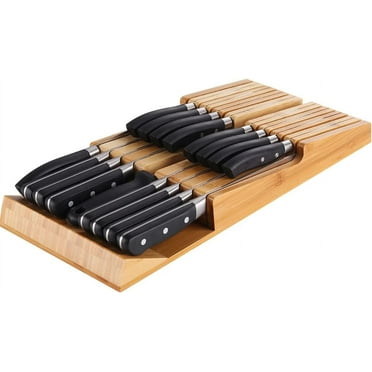 Bamboo In-Drawer Knife Block Set for 16 Knives(Not Included), Large Kitchen Detachable Washable Cutlery Slot Organizer Storage Holder for Sharpening Steel and Cutter