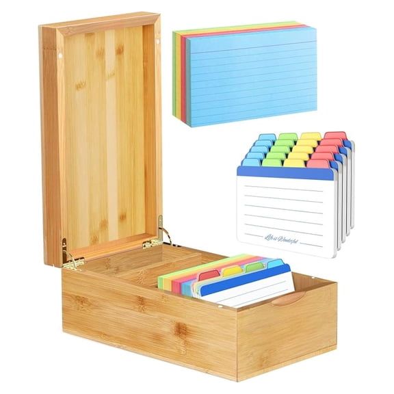 Bamboo Index Card Holder 3x5 - Wooden Card Organizer with Lid, 4 Compartments, 600 Capacity - Includes 220 Index & Note Cards - Natural Desktop Filing Box