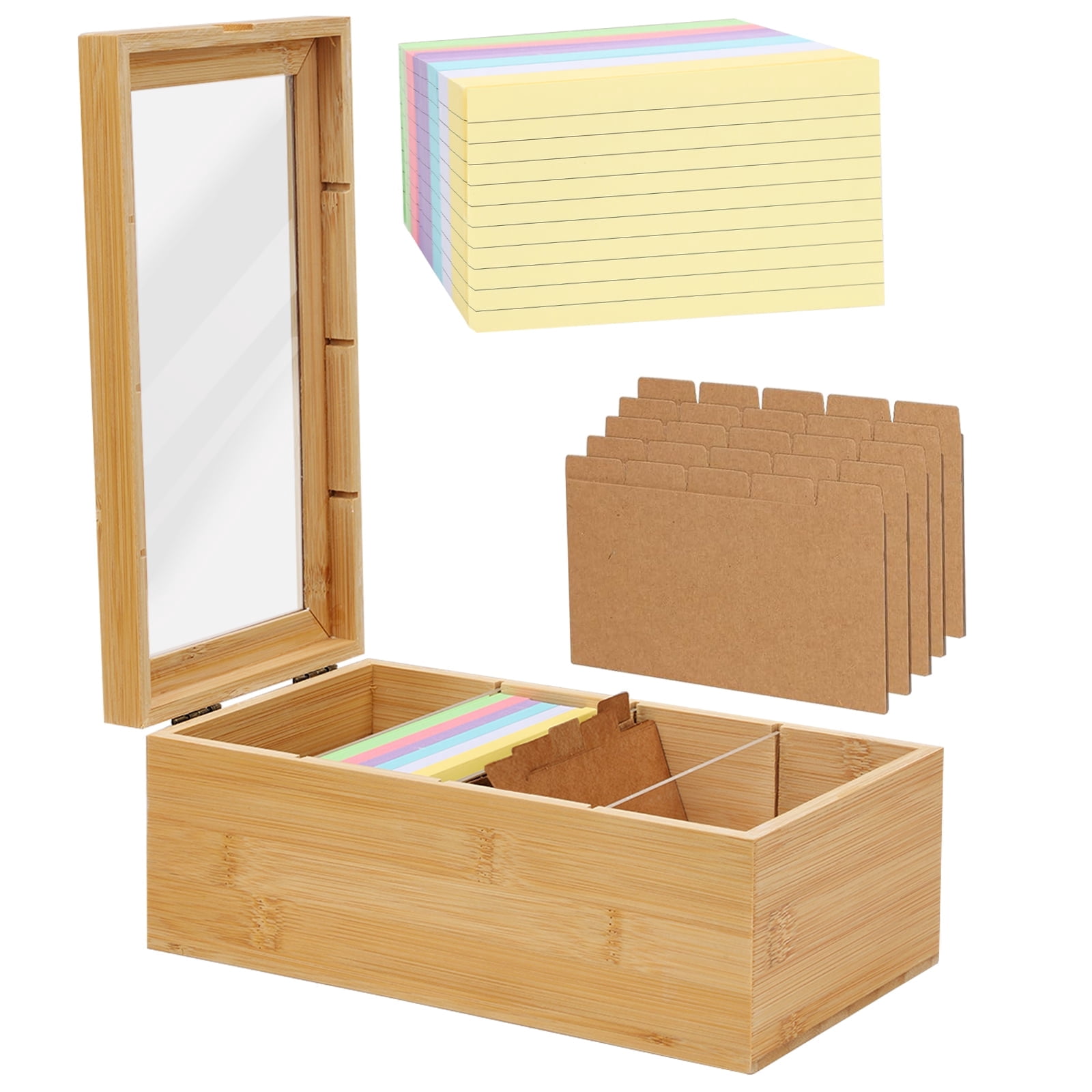 Bamboo Index Card Organizer - 3x5 Index Card Holder Box With Dividers - Wood Recipe Box With Lid - 4 Compartments For 1200 Cards - 5.9"W x 9.84"D x 3.97"H
