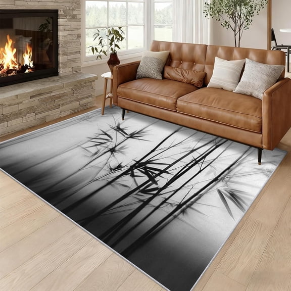 Bamboo Ink Painting Area Rug, Black White Leaf Pattern Carpet, Washable Non Slip Low Pile Soft Thin, Living Room Bedroom Home Decor Mat 2x3ft