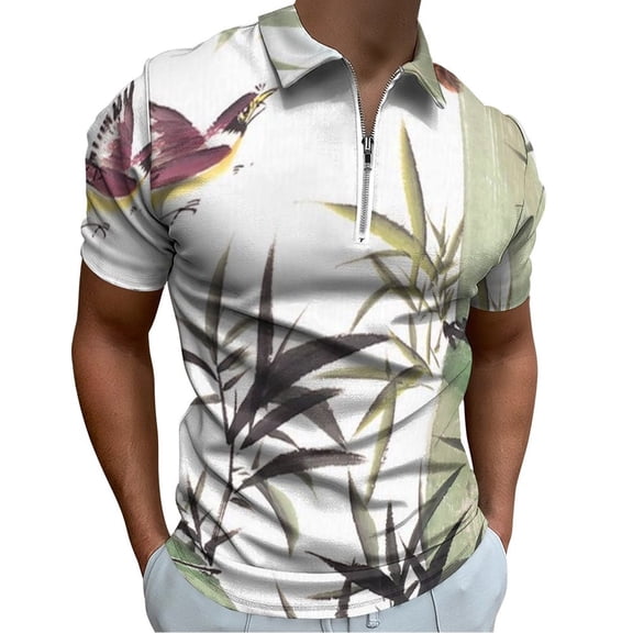 Bamboo Ink Painting Men Zipper T-shirt Summer Casual Short Sleeve T-shirt Top