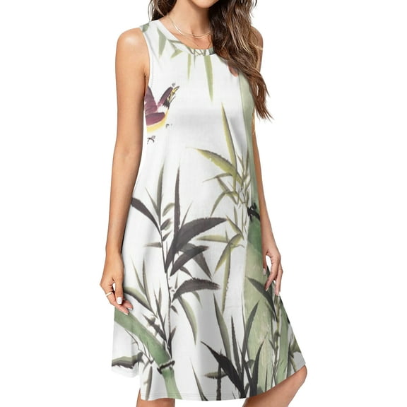 Bamboo Ink Painting Spring Summer Dresses for Women Fashion T-shirt Dress Casual Sleeveless Loose Sundress with Pockets