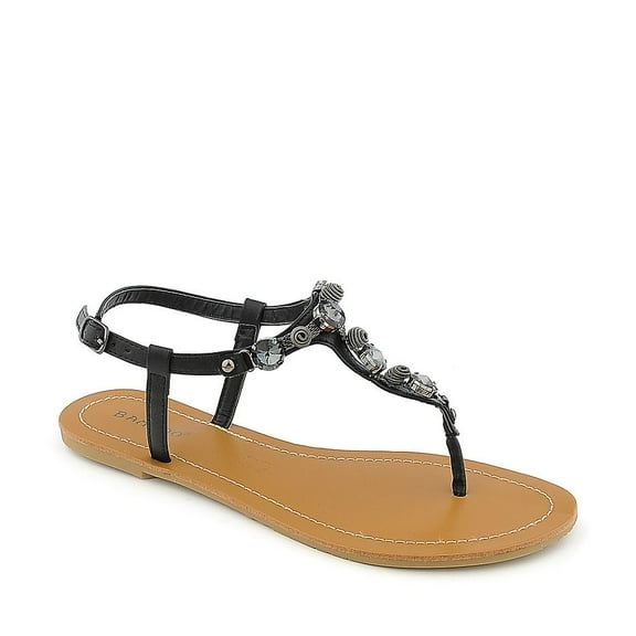Bamboo Jeweled & Coiled Spring Detail Leather Insole Adjustable Ankle Strap Faux Black Leather