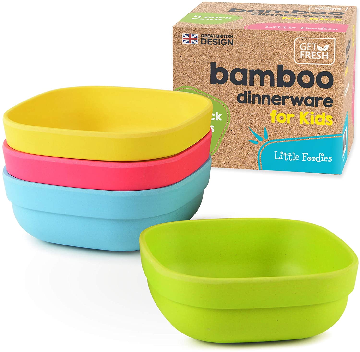 Bamboo Kids Bowls, 4 Pack Set, Stackable Bamboo Dinnerware for Kids