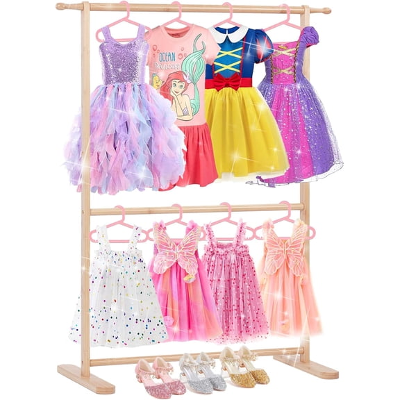 Bamboo Kids Clothing Rack with Dual Poles, Child Dress Up Rack, Clothing OrganizerRack, Small GarmentRack, Perfect for Costumes and Accessories (Natural color)