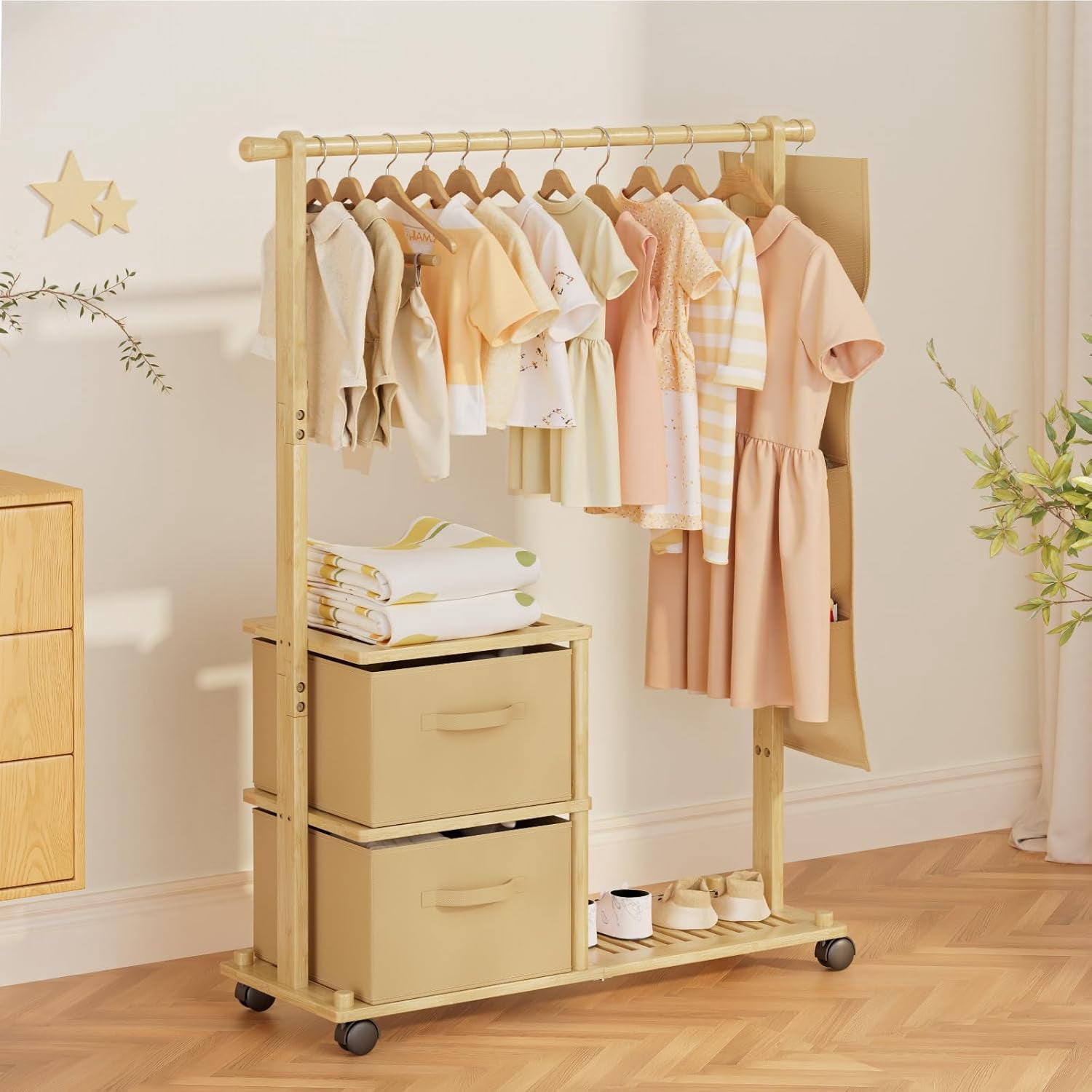 Crib Clothes Rack Bamboo Kids Clothing Rack with Storage Box, Toddler Dress up Rack ...