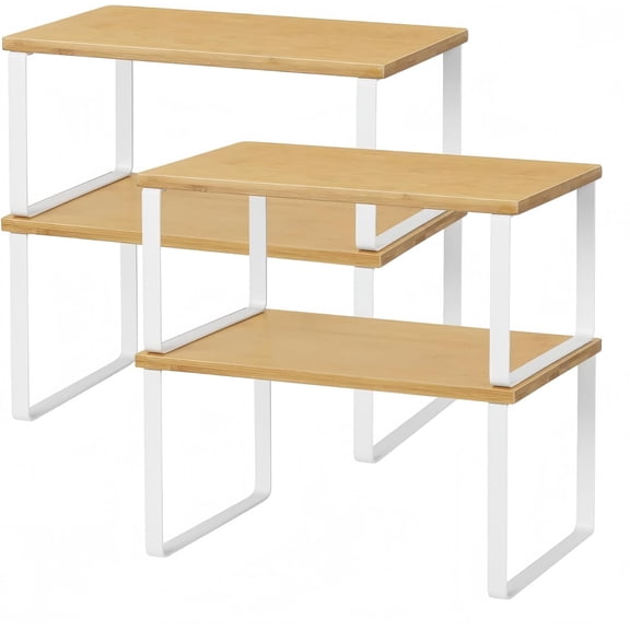 Bamboo Kitchen Cabinet and Counter Shelf Organizer, Stackable & Expandable, Set of 4, White and Natural