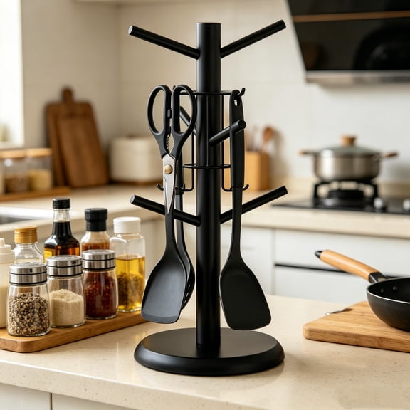Bamboo Kitchen Cup & Utensil Holder, Tree Shaped Multi Hook Organizer for Cups Mugs Towels Spoons, Countertop Coffee Mug Tree Rack, Space Saving​