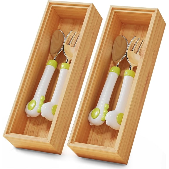 Bamboo Kitchen Drawer Organizer Boxes 9" x 3" Stackable Wood Silverware Utensil Tray for Drawers Bins, Cutlery & Flatware Storage Wooden Organizers Set of 2 for Junk Drawer, Bathroom, RV