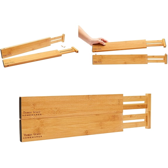 Bamboo Kitchen Drawer Organizer Divider Stackable for Deep Drawers. (Set-of- 4) Spring Loaded Dividers that are Expandable & Adjustable. Kitchen Organizer.