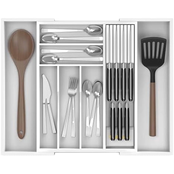Bamboo Kitchen Drawer Organizer, Expandable Silverware Organizer with Removable Knife Block, 6-8 Slots- Utensil Holder & Cutlery Tray Drawer Dividers, 2.36" Deep for Extra Capacity, White