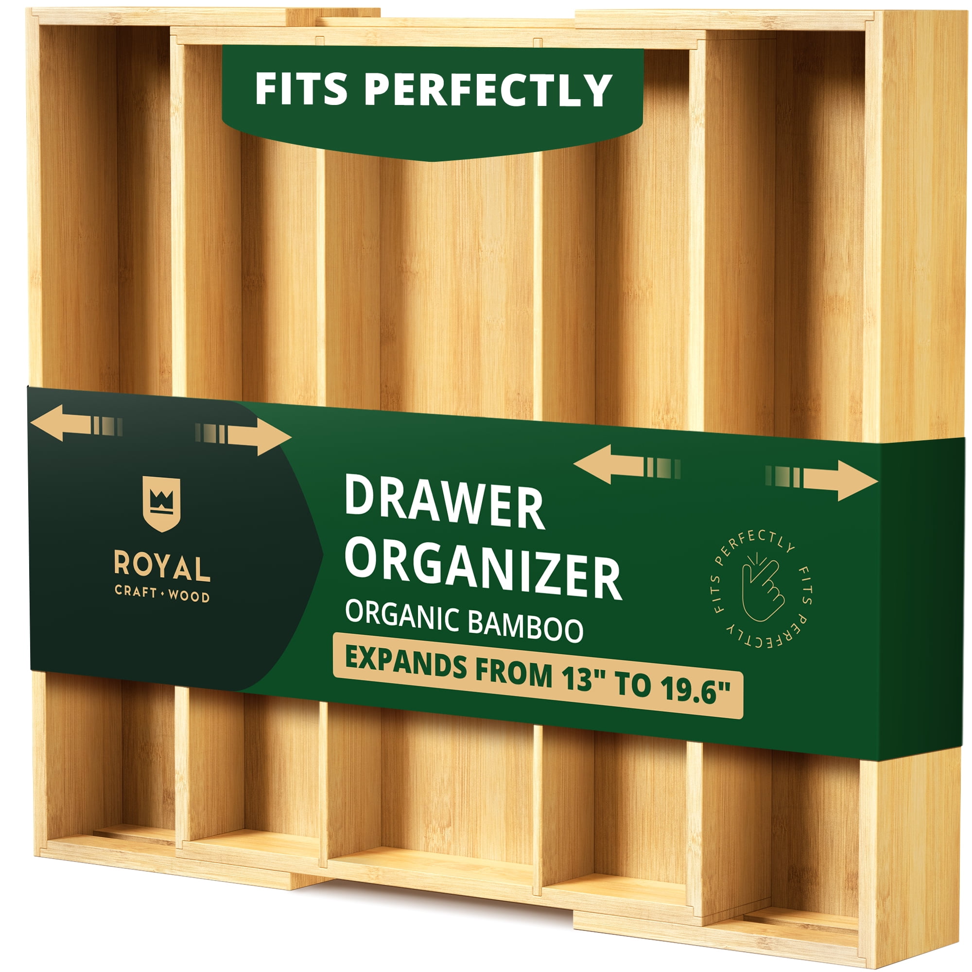Royal Craft Wood Expandable Bamboo Kitchen Drawer Organizer – Silverware Drawer Organizer and Utensil Holder Tray with Grooved Dividers for Flatware, Cutlery & Kitchen Storage (5 Slot, Natural)