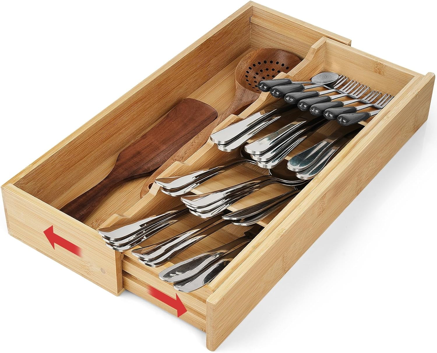 Bamboo Kitchen Drawer Organizer, Expandable , Utensil Holder, Cutlery Tray Spoon Flatware Storage with Drawer Dividers