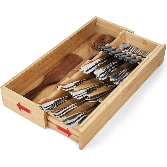 Bamboo Kitchen Drawer Organizer, Expandable , Utensil Holder, Cutlery Tray Spoon Flatware Storage with Drawer Dividers