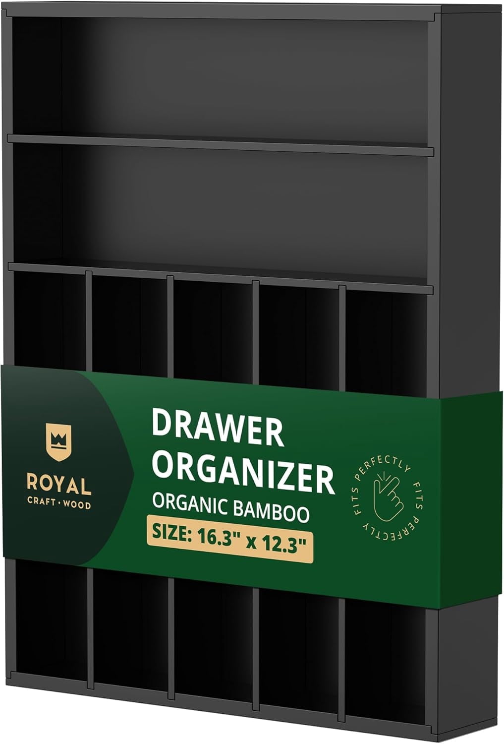 Royal Craft Wood Bamboo Kitchen Drawer Organizer Tray – Silverware Drawer Organizer and Utensil Holder for Flatware, Cutlery & Kitchen Storage (7 Slot, Black)