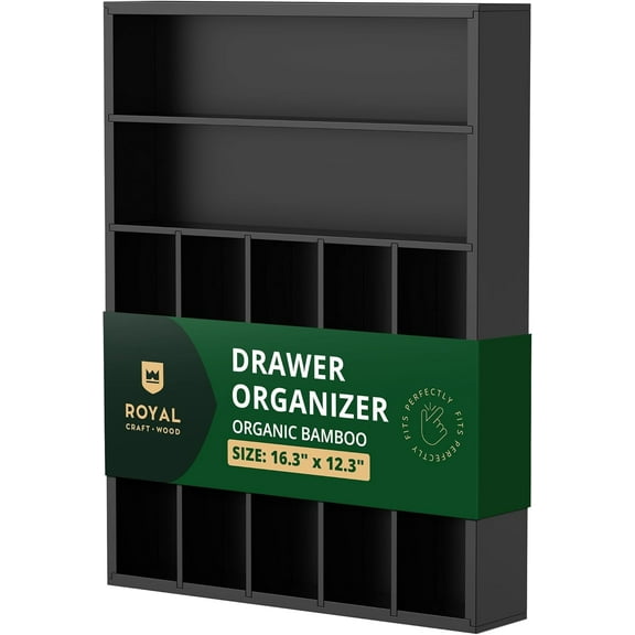 Royal Craft Wood Bamboo Kitchen Drawer Organizer Tray – Silverware Drawer Organizer and Utensil Holder for Flatware, Cutlery & Kitchen Storage (7 Slot, Black)