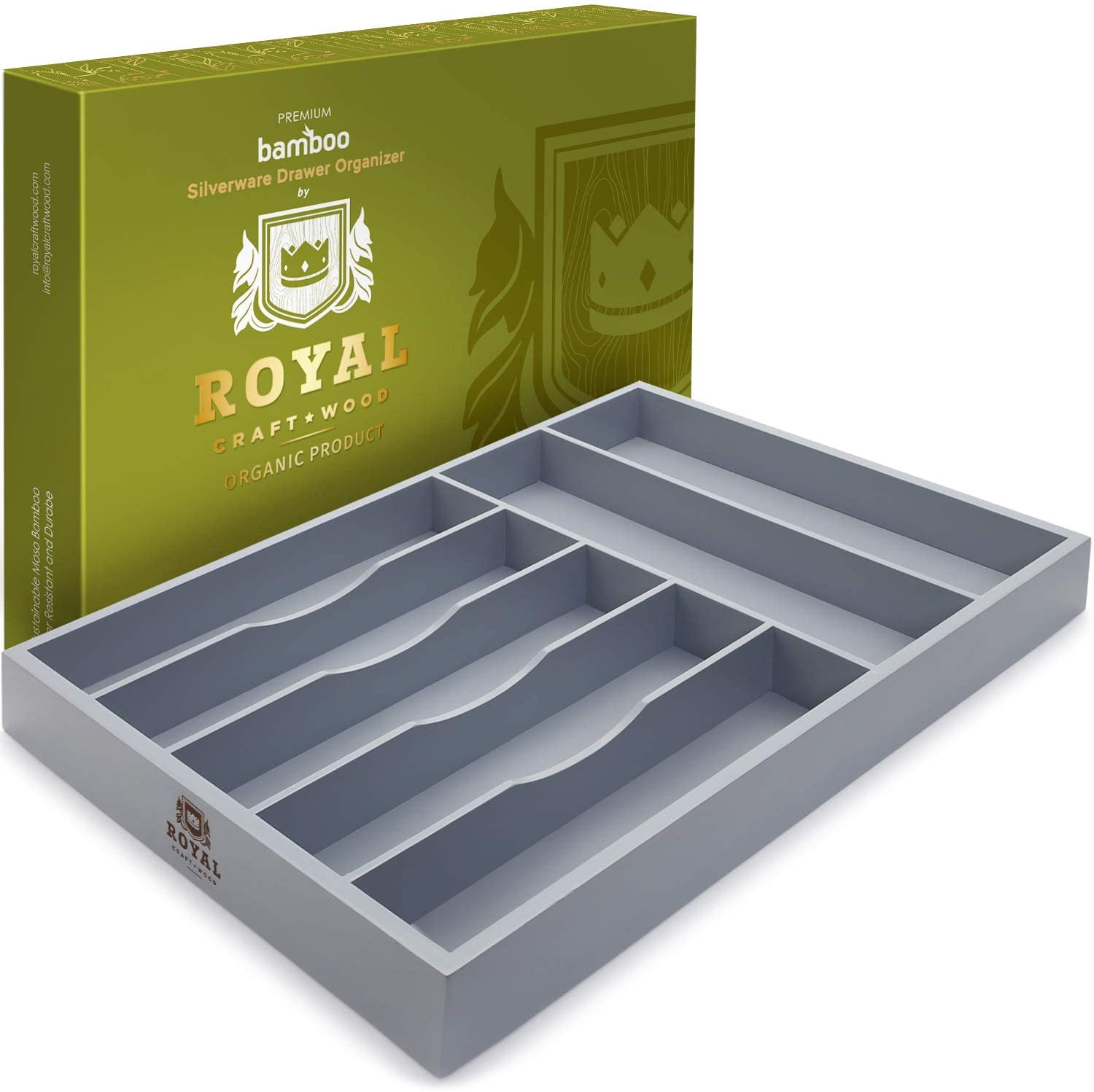 Bamboo Kitchen Drawer Organizer - Silverware Organizer/Utensil Holder and Cutlery Tray (Gray)